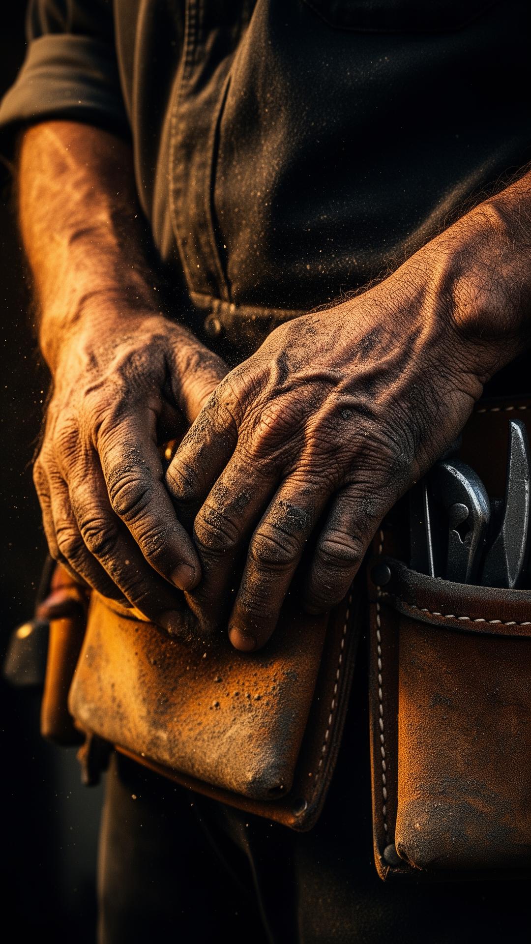 Calloused working hands on a leather tool belt