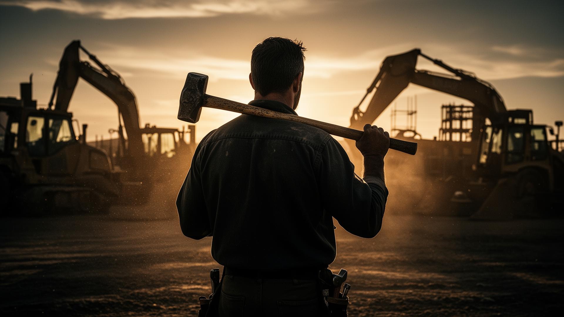 Tradesman with sledgehammer on a construction site at dawn
